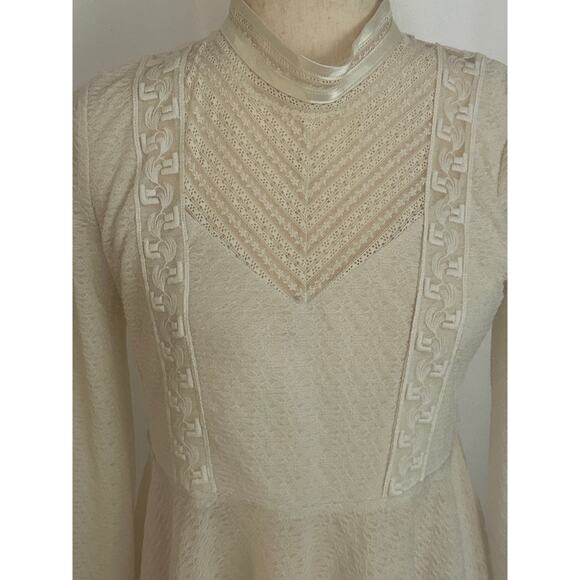 Free People Cream Lace High Neck Ribbon Blouse Sz Large - Picture 6 of 8